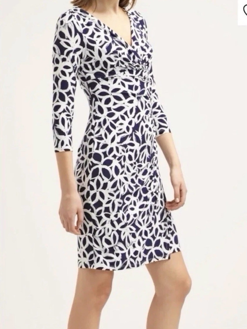Ralph Lauren Blue White Floral Faux Wrap 3/4 Sleeve Stretch Sheath Dress Size 12